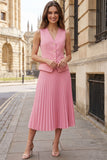 Pink V-Neck Single Breasted Pleated 2-piece Midi Work Dress