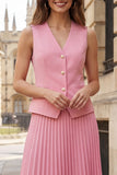 Pink V-Neck Single Breasted Pleated 2-piece Midi Work Dress