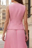 Pink V-Neck Single Breasted Pleated 2-piece Midi Work Dress