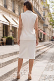 Ivory Shawl Lapel Single Breasted 2-piece Sheath Work Dress