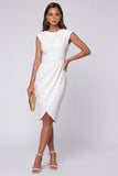 Ivory Round Neck Ruched Sheath Work Dress