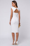 Ivory Round Neck Ruched Sheath Work Dress