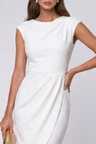 Ivory Round Neck Ruched Sheath Work Dress