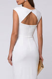 Ivory Round Neck Ruched Sheath Work Dress