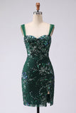 Sparkly Dark Green Bodycon Sequins Short Homecoming Dress with Slit