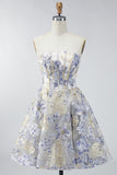 Dusty Blue A Line Corset Strapless Floral Short Homecoming Dress