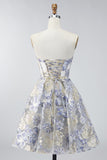Dusty Blue A Line Corset Strapless Floral Short Homecoming Dress
