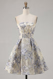 Dusty Blue A Line Corset Strapless Floral Short Homecoming Dress