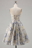 Dusty Blue A Line Corset Strapless Floral Short Homecoming Dress