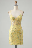 Yellow Bodycon Sheer Corset Floral Sequins Short Homecoming Dress with Lace Up Back