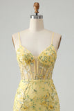 Yellow Bodycon Sheer Corset Floral Sequins Short Homecoming Dress with Lace Up Back