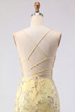 Yellow Bodycon Sheer Corset Floral Sequins Short Homecoming Dress with Lace Up Back