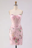 Floral Pink Corset Sequin Bodycon Homecoming Dress