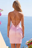 Pink Sheer Corset Ruched Beaded Bodycon Homecoming Dress with Slit
