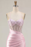 Pink Sheer Corset Ruched Beaded Bodycon Homecoming Dress with Slit