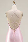 Pink Sheer Corset Ruched Beaded Bodycon Homecoming Dress with Slit