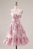 Pink A-Line Corset Ruffled Floral Short Homecoming Dress