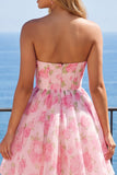 Strapless Corset A Line Pink Floral Homecoming Dress