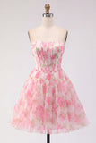 Strapless Corset A Line Pink Floral Homecoming Dress