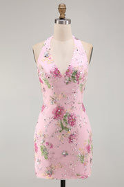 Pink Halter Neck Bodycon Sequins Floral Homecoming Dress