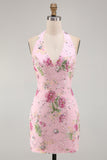 Pink Halter Neck Bodycon Sequins Floral Homecoming Dress