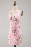 Pink Halter Neck Bodycon Sequins Floral Homecoming Dress