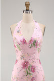 Pink Halter Neck Bodycon Sequins Floral Homecoming Dress