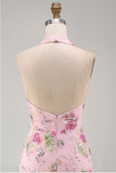 Pink Halter Neck Bodycon Sequins Floral Homecoming Dress
