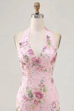 Pink Halter Neck Bodycon Sequins Floral Homecoming Dress