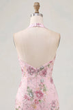 Pink Halter Neck Bodycon Sequins Floral Homecoming Dress