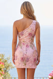 Pink One Shoulder Bodycon Sequins Floral Homecoming Dress