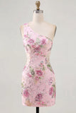 Pink One Shoulder Bodycon Sequins Floral Homecoming Dress