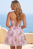 Pink Sweetheart A-Line Corset Sequins Floral Homecoming Dress