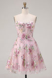 Pink Sweetheart A-Line Corset Sequins Floral Homecoming Dress
