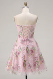 Pink Sweetheart A-Line Corset Sequins Floral Homecoming Dress