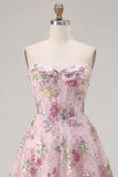Pink Sweetheart A-Line Corset Sequins Floral Homecoming Dress