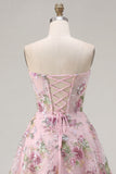 Pink Sweetheart A-Line Corset Sequins Floral Homecoming Dress