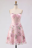 A-Line Pink Sweetheart Sheer Corset Sequins Floral Homecoming Dress
