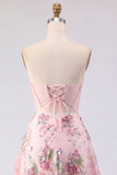 A-Line Pink Sweetheart Sheer Corset Sequins Floral Homecoming Dress