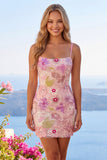 Sparkly Pink Spaghetti Straps Floral Sequins Homecoming Dress
