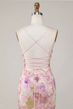 Sparkly Pink Spaghetti Straps Floral Sequins Homecoming Dress