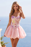 Pink A-Line Strapless Floral Sequins Homecoming Dress