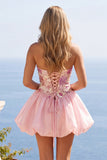 Pink A-Line Strapless Floral Sequins Homecoming Dress