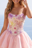 Pink A-Line Strapless Floral Sequins Homecoming Dress