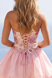 Pink A-Line Strapless Floral Sequins Homecoming Dress