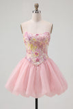 Pink A-Line Strapless Floral Sequins Homecoming Dress