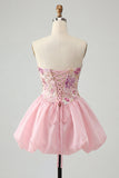Pink A-Line Strapless Floral Sequins Homecoming Dress