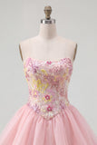 Pink A-Line Strapless Floral Sequins Homecoming Dress