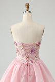 Pink A-Line Strapless Floral Sequins Homecoming Dress