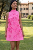 Hot Pink High Neck A-Line Homecoming Dress with 3D Flowers